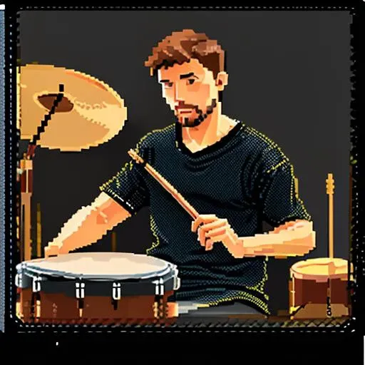 pixelart, a young man with a goatee playing the drums <hypernet:stipple-weave-1-0:1>