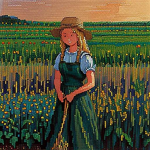 pixelart, girl farmer tending to the crops in the field <hypernet:stipple-weave-1-1:1>