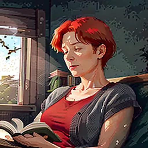 a middle-aged woman with red hair reading a book <hypernet:stipple-weave-1-0:1>