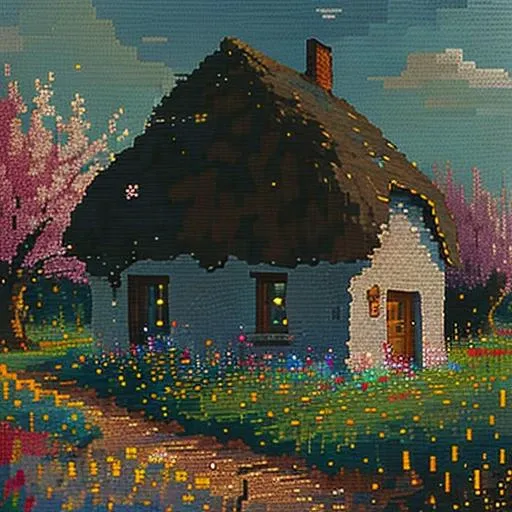 pixelart, a quaint cottage nestled in a field of blooming flowers <hypernet:stipple-weave-1-1:1>