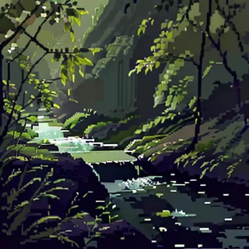 pixelart, a tranquil riverside scene with a gentle flowing stream and lush greenery <hypernet:stipple-weave-1-0:1>