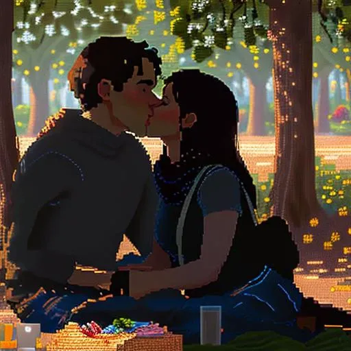 pixelart, a woman, surprising her husband with a kiss as they picnic in their favorite park <hypernet:stipple-weave-1-1:1>