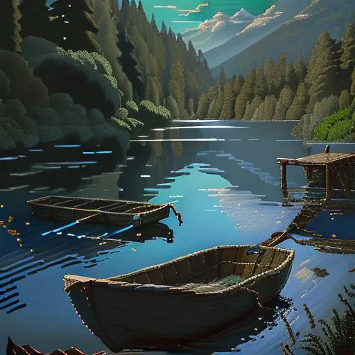 pixelart, a peaceful lakeside retreat with a dock and rowboats <hypernet:stipple-weave-1-1:1>