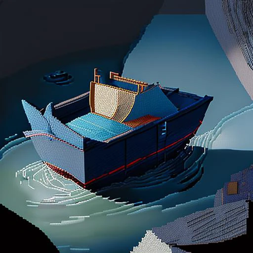 pixelart, a paper boat sailing on a river of ink <hypernet:stipple-weave-1-1:1>