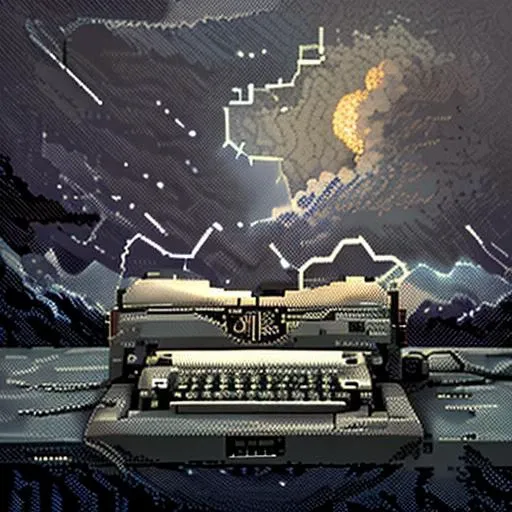 pixelart, a typewriter typing out a storm, letters pouring out like rain <hypernet:stipple-weave-1-0:1>