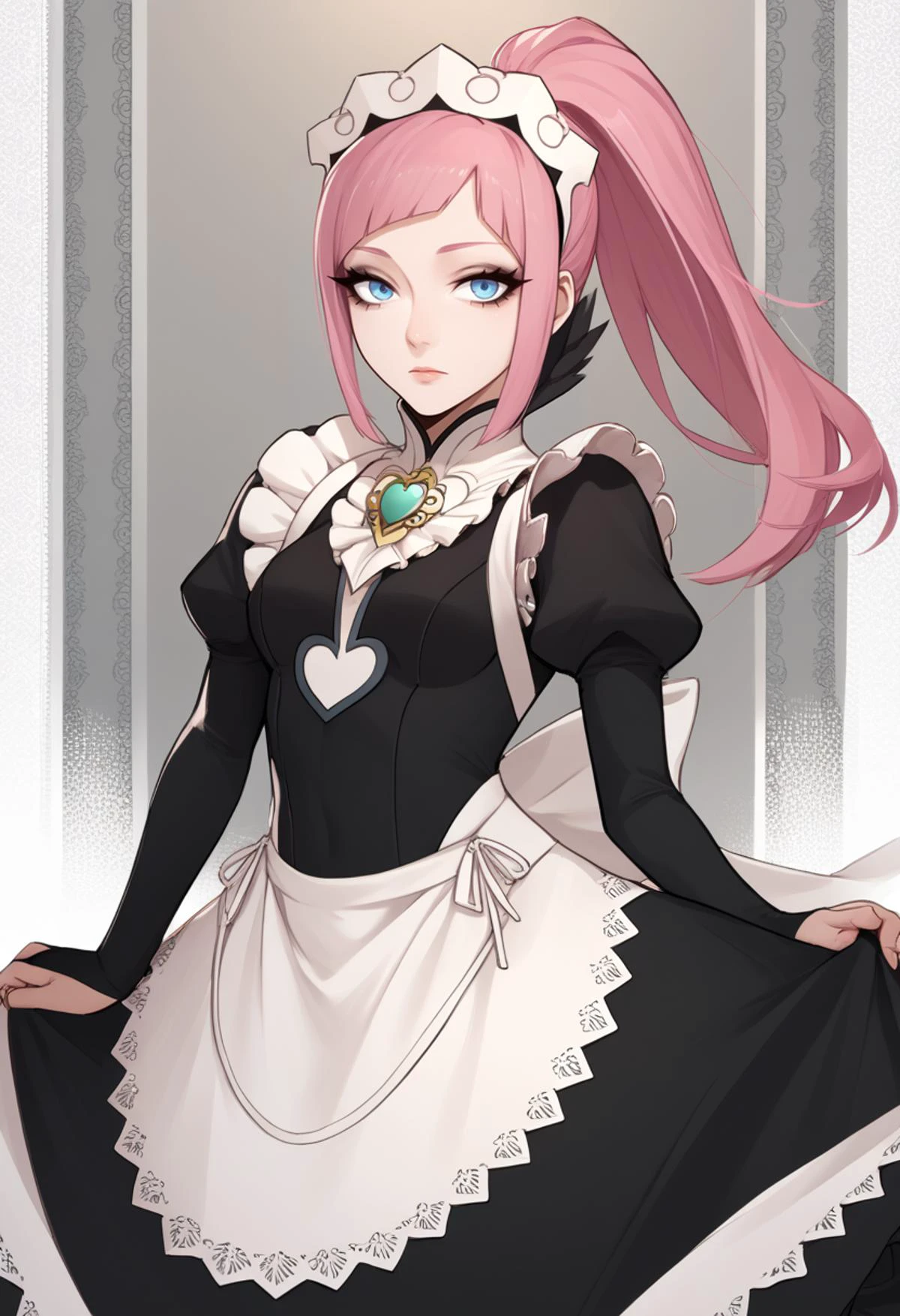 score_9, score_7_up, source_anime BREAK 1girl, solo, <lora:JdotKdot_PDXL-v1-10:1> eyeliner, eyelashes, looking at viewer, <lora:felicia-fe-richy-v1_xl:0.8> feliciadef, pink hair, ponytail, blue eyes, maid headdress, brooch, maid apron, black thighhighs, bridal gauntlets
