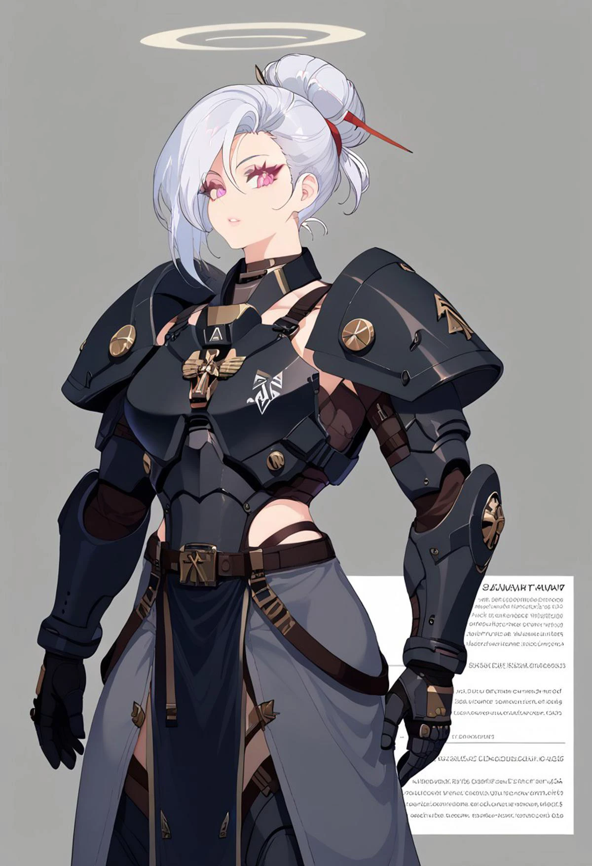 source_anime, solo, score_9, score_8_up, source_anime, BREAK, cowboy shot, gray background, (character sheet), (palm leaves), (1woman), adult woman, 22yo, wuthering waves, (sidebangs), hair bun, tall, slender body, athletic body, standing, looking at viewer, space marine, power armor, Astartes, Warhammer 40k, genderbend, jewelry, halo, tactical gear, (black armor), dark gray armor, matte colored armor, flat colored armor, shoulder armor, thigh armor, robes, tau battlesuit, tau rail rifle, straps, belts, harness, dark_techwear, Nyantcha style, Expressiveh, <lora:ç¦è¶_XL_PONY:0.9>, contour lines, concept art, Wuthering Waves