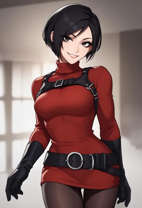 score_9, score_7_up, source_anime BREAK 1girl, solo, <lora:JdotKdot_PDXL-v1-10:1> eyeliner, eyelashes, looking at viewer, <lora:adawong-re-richy-v1_pdxl:0.8> adasweater, black hair, short hair, black eyes, red sweater, turtleneck, harness, pantyhose, black gloves, belt, smile, looking at viewer,