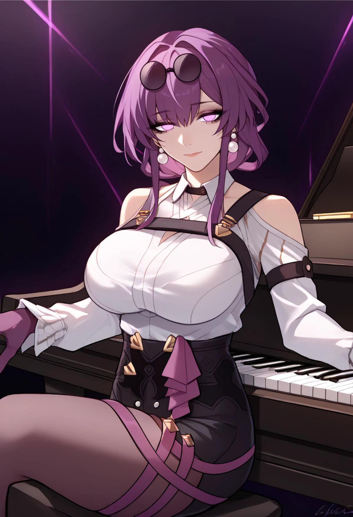 score_9, score_7_up, source_anime BREAK 1girl, solo, <lora:JdotKdot_PDXL-v1-10:1> eyeliner, eyelashes, <lora:grandpiano-concept-richy-v1_pdxl:1> grand piano, sitting, playing piano <lora:kafka-hsr-richy-v1_pdxl:1> kfka, purple eyes, purple hair, bangs, sidelocks, eyewear on head, earrings, white shirt, collared shirt, long sleeves, harness, large breasts, purple gloves, black shorts, high-waist shorts, purple thigh straps, pantyhose, single thigh boot, no pupils, black choker, rings, bare shoulders, pearl earrings, armband, looking at viewer, closed mouth, half-closed eyes