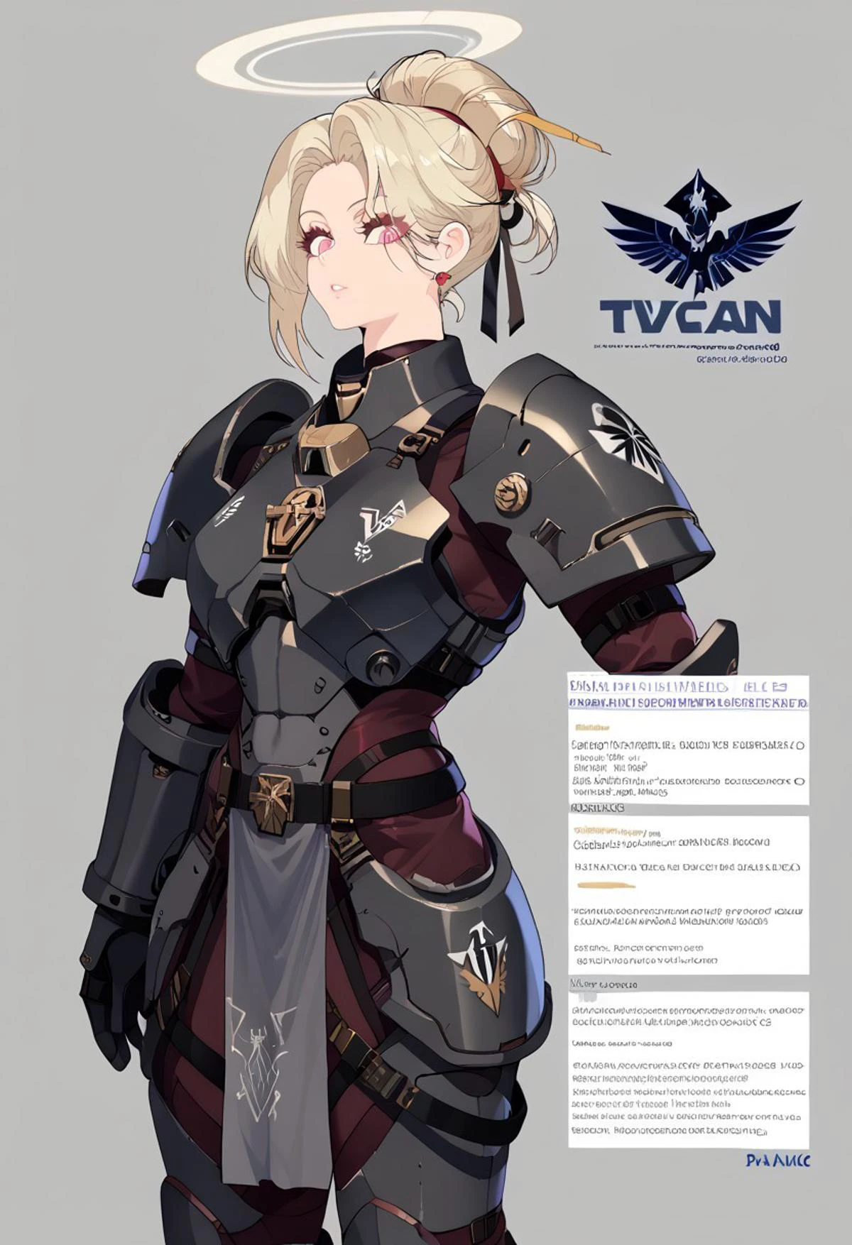 source_anime, solo, score_9, score_8_up, source_anime, BREAK, cowboy shot, gray background, (character sheet), (palm leaves), (1woman), adult woman, 22yo, wuthering waves, (sidebangs), hair bun, tall, slender body, athletic body, standing, looking at viewer, space marine, power armor, Astartes, Warhammer 40k, genderbend, jewelry, halo, tactical gear, (black armor), dark gray armor, matte colored armor, flat colored armor, shoulder armor, thigh armor, robes, tau battlesuit, tau rail rifle, straps, belts, harness, dark_techwear, Nyantcha style, Expressiveh, <lora:ç¦è¶_XL_PONY:0.9>, contour lines, concept art, Wuthering Waves