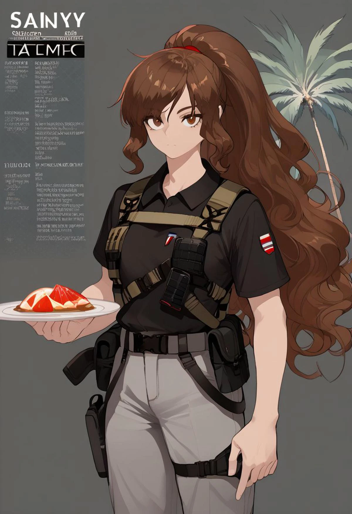 source_anime, solo, score_9, score_8_up, source_anime, BREAK, cowboy shot, gray background, character sheet, palm leaves, 1man, adult man, 22yo, Calcharo, wuthering waves, Auburn hair, brown hair, (long hair), long wavy hair, ponytail, sidebangs, black shirt, gray pants, tactical gear, (tactical plate carrier:1.5), tall, slender body, athletic body, standing, looking at viewer, straps, belts, dark_techwear, <lora:ç¦è¶_XL_PONY:0.9>, contour lines, concept art, Wuthering Waves