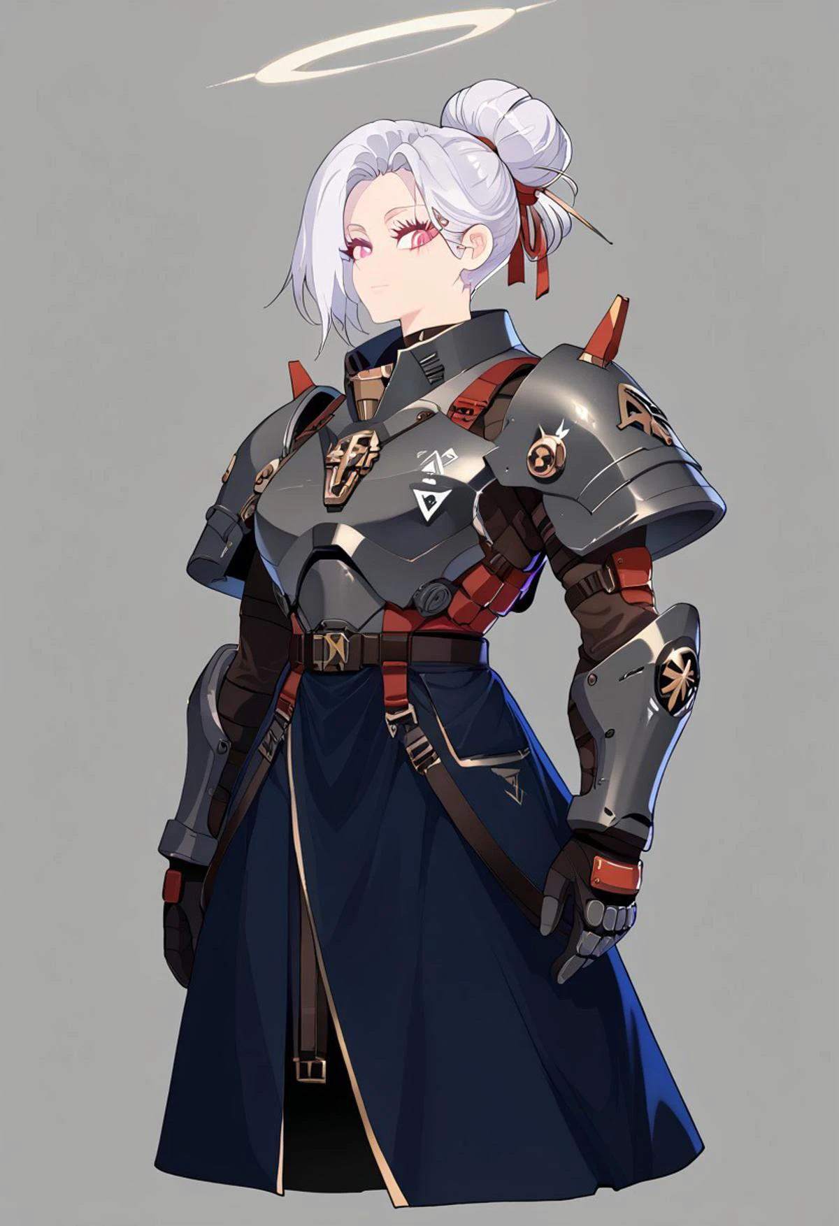 source_anime, solo, score_9, score_8_up, source_anime, BREAK, cowboy shot, gray background, (character sheet), (palm leaves), (1woman), adult woman, 22yo, wuthering waves, (sidebangs), hair bun, tall, slender body, athletic body, standing, looking at viewer, space marine, power armor, Astartes, Warhammer 40k, genderbend, jewelry, halo, tactical gear, (black armor), dark gray armor, matte colored armor, flat colored armor, shoulder armor, thigh armor, robes, tau battlesuit, tau rail rifle, straps, belts, harness, dark_techwear, Nyantcha style, Expressiveh, <lora:ç¦è¶_XL_PONY:0.9>, contour lines, concept art, Wuthering Waves