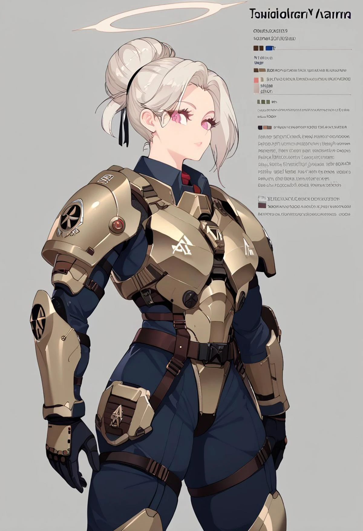 source_anime, solo, score_9, score_8_up, source_anime, BREAK, cowboy shot, gray background, (character sheet), (palm leaves), (1woman), adult woman, 22yo, wuthering waves, (sidebangs), hair bun, tall, slender body, athletic body, standing, looking at viewer, space marine, power armor, Astartes, Warhammer 40k, genderbend, jewelry, halo, tactical gear, (black armor), dark gray armor, matte colored armor, flat colored armor, shoulder armor, thigh armor, tau battlesuit, tau rail rifle, straps, belts, harness, dark_techwear, Nyantcha style, Expressiveh, <lora:ç¦è¶_XL_PONY:0.9>, contour lines, concept art, Wuthering Waves