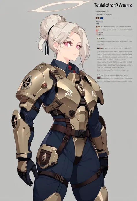 source_anime, solo, score_9, score_8_up, source_anime, BREAK, cowboy shot, gray background, (character sheet), (palm leaves), (1woman), adult woman, 22yo, wuthering waves, (sidebangs), hair bun, tall, slender body, athletic body, standing, looking at viewer, space marine, power armor, Astartes, Warhammer 40k, genderbend, jewelry, halo, tactical gear, (black armor), dark gray armor, matte colored armor, flat colored armor, shoulder armor, thigh armor, tau battlesuit, tau rail rifle, straps, belts, harness, dark_techwear, Nyantcha style, Expressiveh, <lora:ç¦è¶_XL_PONY:0.9>, contour lines, concept art, Wuthering Waves