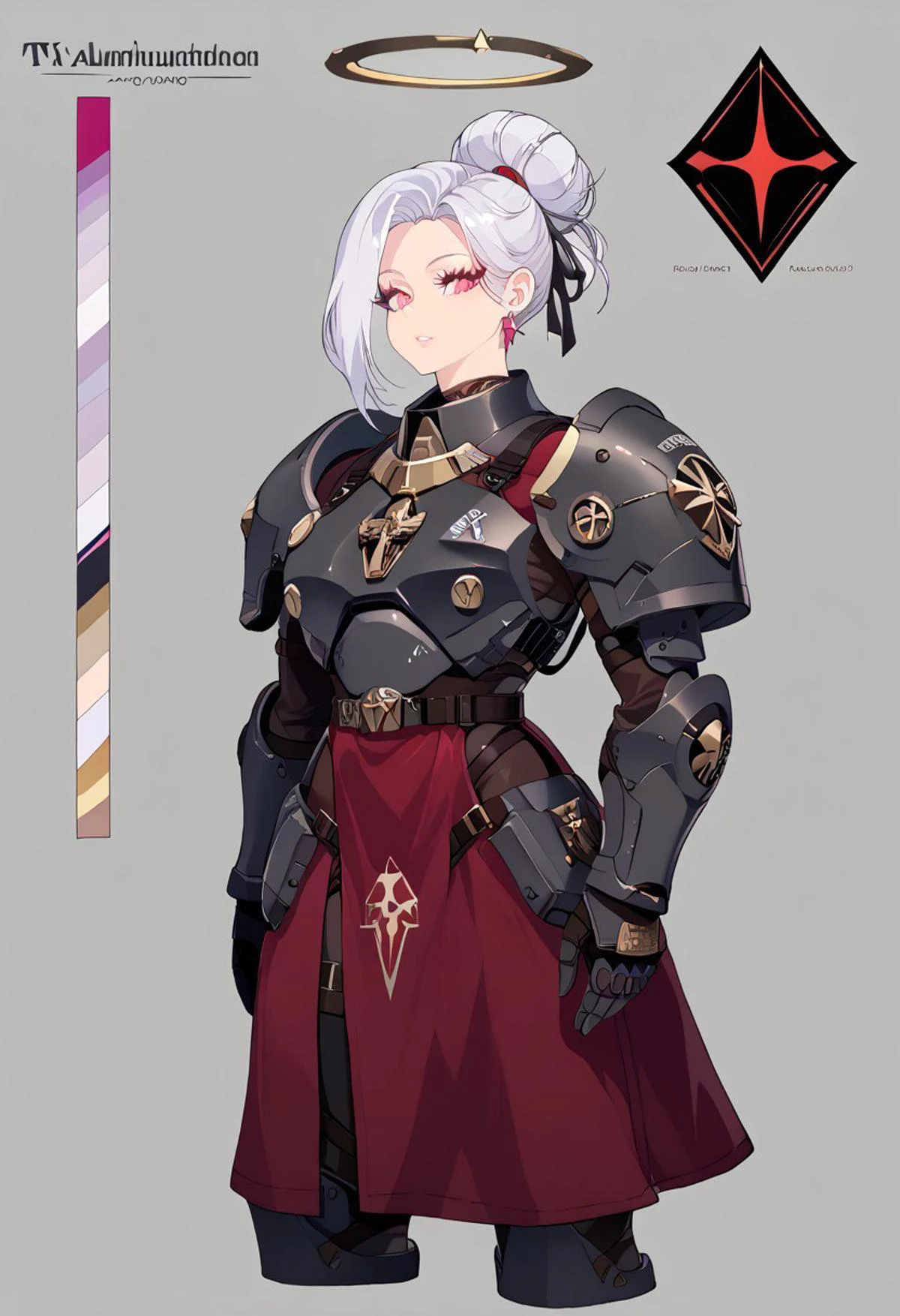source_anime, solo, score_9, score_8_up, source_anime, BREAK, cowboy shot, gray background, (character sheet), (palm leaves), (1woman), adult woman, 22yo, wuthering waves, (sidebangs), hair bun, tall, slender body, athletic body, standing, looking at viewer, space marine, power armor, Astartes, Warhammer 40k, genderbend, jewelry, halo, tactical gear, (black armor), dark gray armor, matte colored armor, flat colored armor, shoulder armor, thigh armor, robes, tau battlesuit, tau rail rifle, straps, belts, harness, dark_techwear, Nyantcha style, Expressiveh, <lora:ç¦è¶_XL_PONY:0.9>, contour lines, concept art, Wuthering Waves