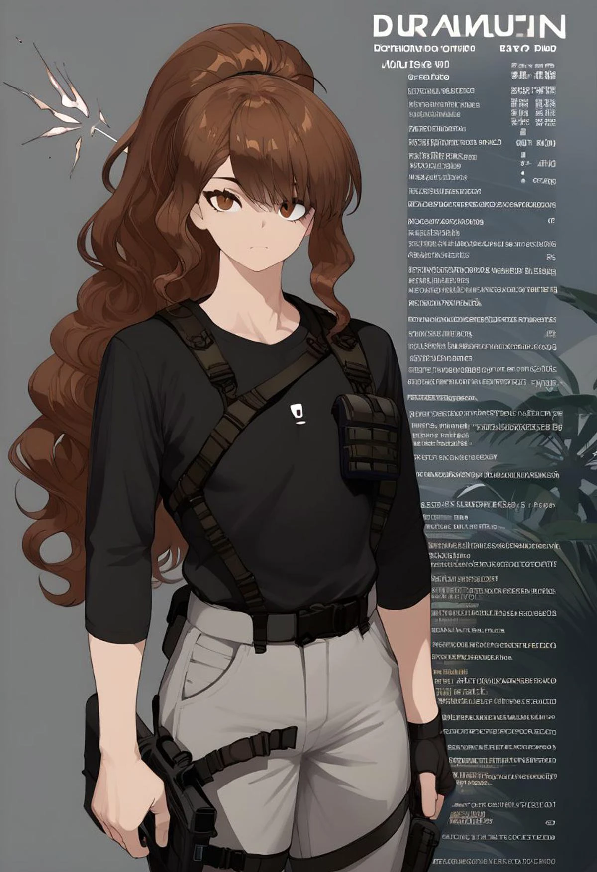 source_anime, solo, score_9, score_8_up, source_anime, BREAK, cowboy shot, gray background, character sheet, palm leaves, 1man, adult man, 22yo, Calcharo, wuthering waves, Auburn hair, brown hair, (long hair), long wavy hair, ponytail, sidebangs, black shirt, gray pants, tactical gear, (tactical plate carrier:1.5), tall, slender body, athletic body, standing, looking at viewer, straps, belts, dark_techwear, <lora:ç¦è¶_XL_PONY:0.9>, contour lines, concept art, Wuthering Waves