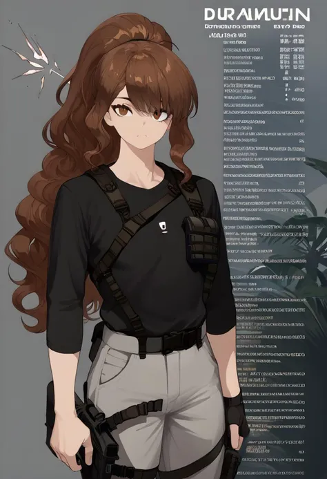 source_anime, solo, score_9, score_8_up, source_anime, BREAK, cowboy shot, gray background, character sheet, palm leaves, 1man, adult man, 22yo, Calcharo, wuthering waves, Auburn hair, brown hair, (long hair), long wavy hair, ponytail, sidebangs, black shirt, gray pants, tactical gear, (tactical plate carrier:1.5), tall, slender body, athletic body, standing, looking at viewer, straps, belts, dark_techwear, <lora:ç¦è¶_XL_PONY:0.9>, contour lines, concept art, Wuthering Waves