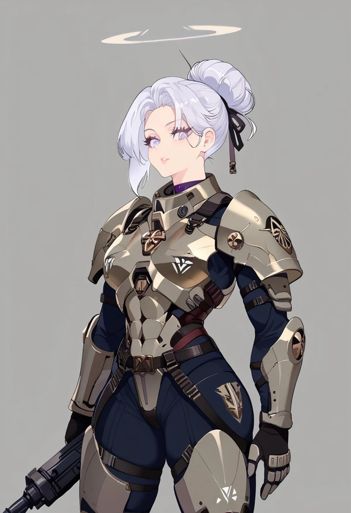 source_anime, solo, score_9, score_8_up, source_anime, BREAK, cowboy shot, gray background, (character sheet), (palm leaves), (1woman), adult woman, 22yo, wuthering waves, (sidebangs), hair bun, tall, slender body, athletic body, standing, looking at viewer, space marine, power armor, Astartes, Warhammer 40k, genderbend, jewelry, halo, tactical gear, (black armor), dark gray armor, matte colored armor, flat colored armor, shoulder armor, thigh armor, tau battlesuit, tau rail rifle, straps, belts, harness, dark_techwear, Nyantcha style, Expressiveh, <lora:ç¦è¶_XL_PONY:0.9>, contour lines, concept art, Wuthering Waves
