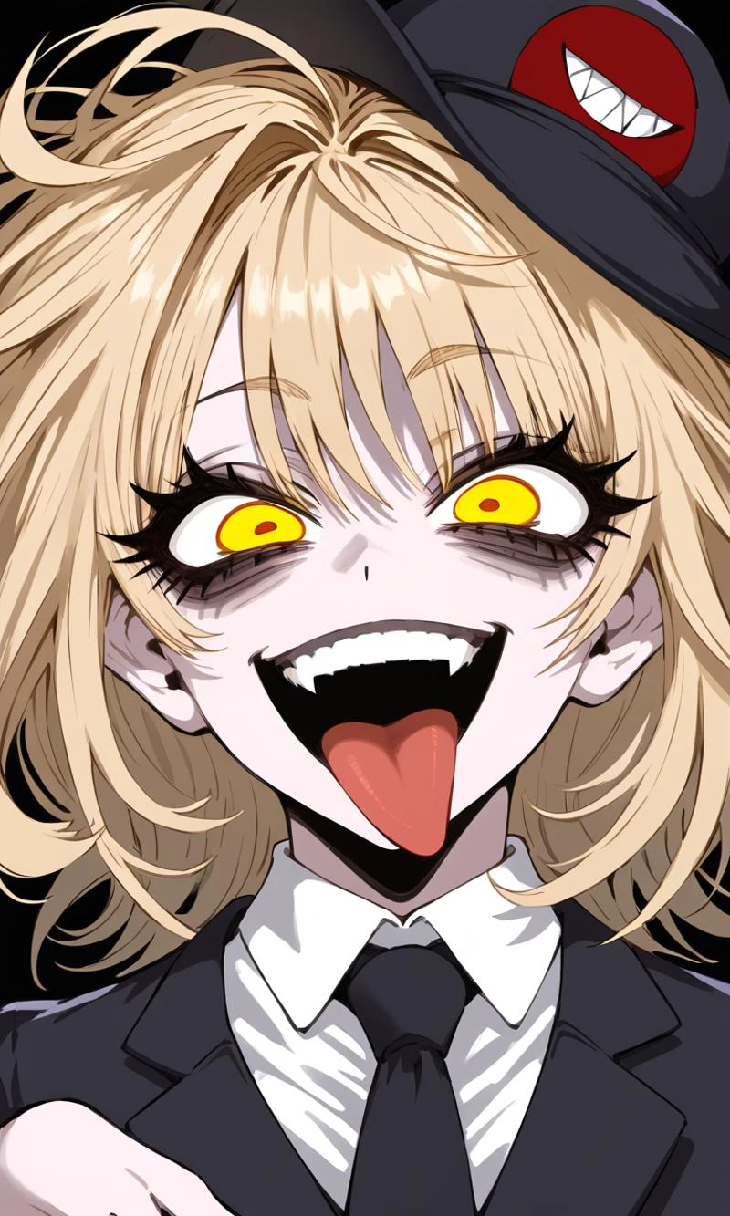 1girl, solo, hat, black necktie, evil smile, grin, tongue out, teeth, wide-eyed, crazy, eyeliner, eyelashes, pale skin, medium hair, light blonde hair, black background, black suit, collared shirt, bags under eyes, yellow eyes, messy hair, <lora:JdotKdot_PDXL-v1:1>