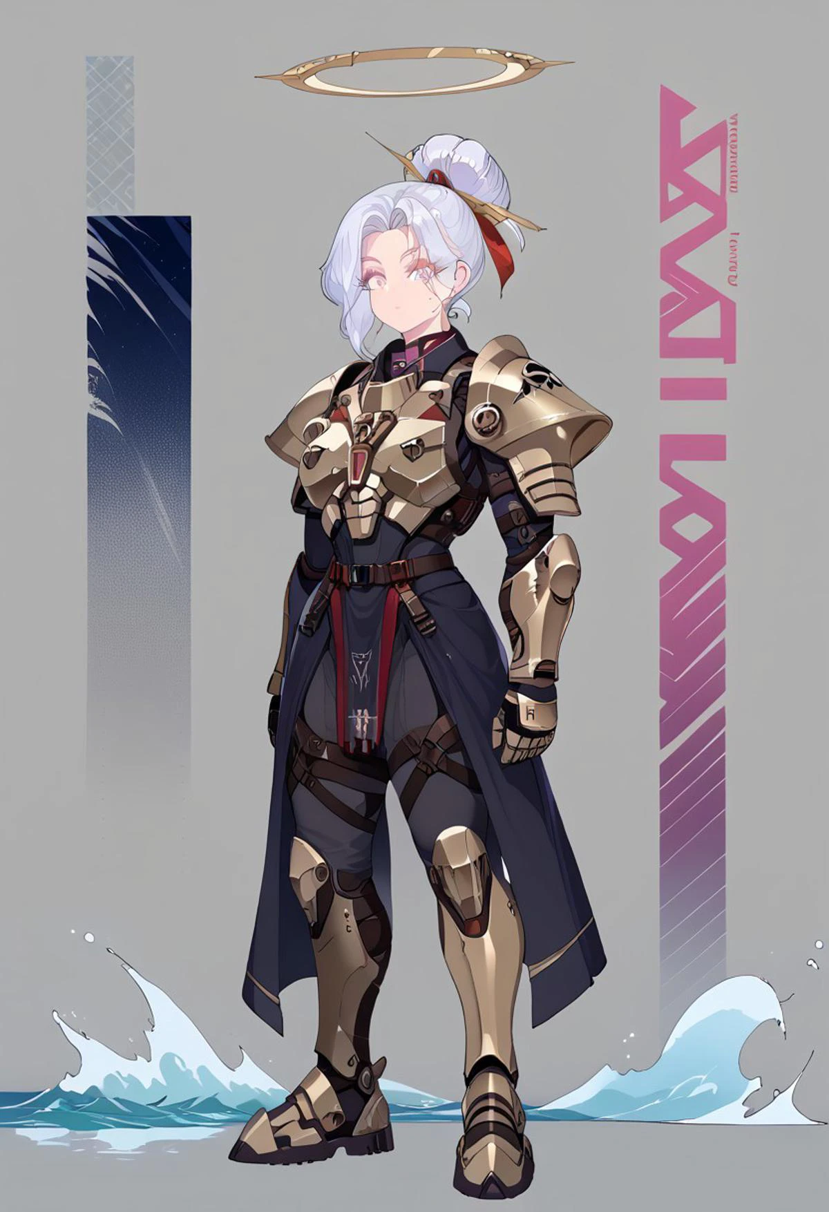source_anime, solo, score_9, score_8_up, source_anime, BREAK, cowboy shot, gray background, (character sheet), (palm leaves), (1woman), adult woman, 22yo, wuthering waves, (sidebangs), hair bun, tall, slender body, athletic body, standing, looking at viewer, space marine, power armor, Astartes, Warhammer 40k, genderbend, jewelry, halo, tactical gear, (black armor), dark gray armor, matte colored armor, flat colored armor, shoulder armor, thigh armor, tau battlesuit, tau rail rifle, straps, belts, harness, dark_techwear, Nyantcha style, Expressiveh, <lora:ç¦è¶_XL_PONY:0.9>, contour lines, concept art, Wuthering Waves