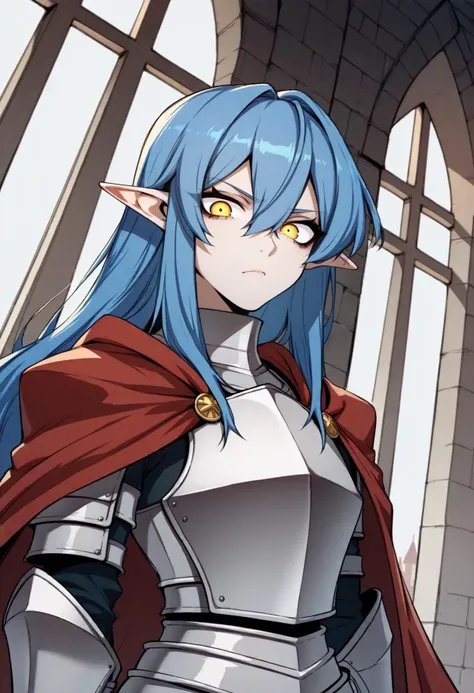 score_9, score_8_up, score_7_up, score_6_up, source_anime, BREAK dutch angle, upper body, castle, blue hair, long hair, hair between eyes, pointy ears, yellow eyes, knight, armor, pauldrons, red cape, breastplate, arms at sides, serious, looking at viewer,  <lora:JdotKdot_PDXL-v1:1>