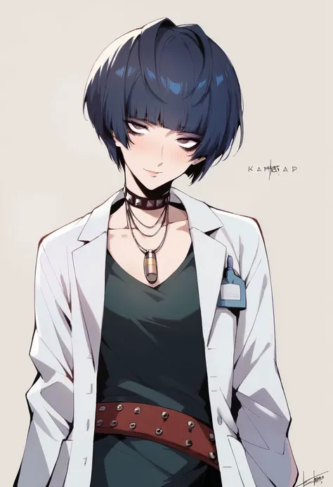 score_9, score_8_up, score_7_up, 1girl, solo, takemip5, short hair, bob cut, black hair, blue hair, choker, necklace, cleavage, labcoat, black dress, belt, makeup, standing, head tilt, simple background, half closed eyes, seductive, blush, slight smile, looking at viewer,