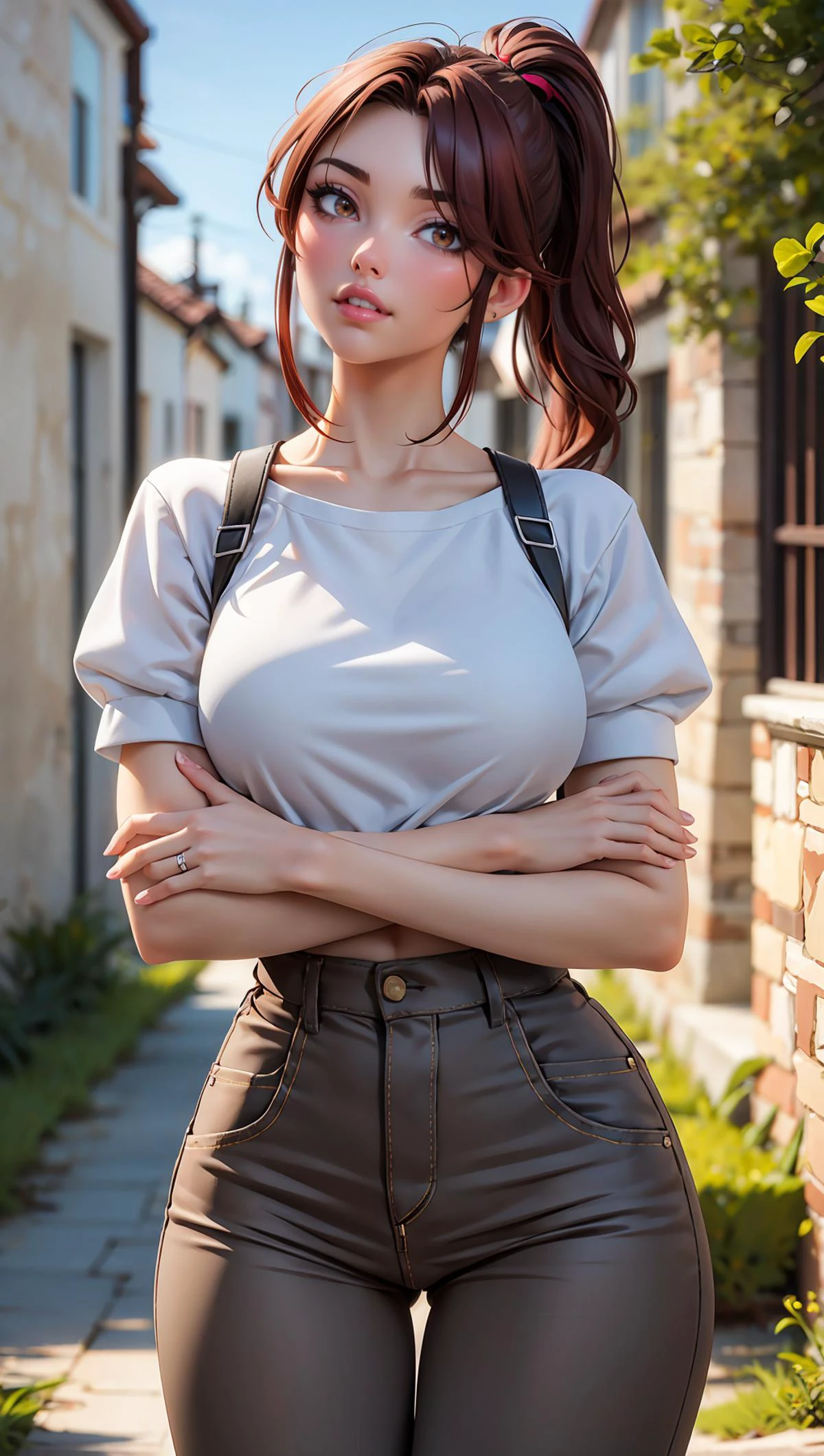 ,1girl, dark red hair, short sleeves, crew neck, short ponytail, long bangs, breasts, brown eyes, building, countryside, flat land high-waist pants, lips, looking at viewer, pants, solo, standing, makeup, head tilt, crossed arms,
masterpiece, best quality, artgem, digital art , <lora:add_sharpness:1> <lora:madisonbeer:1> madisonbeer, 3d, 3d background,