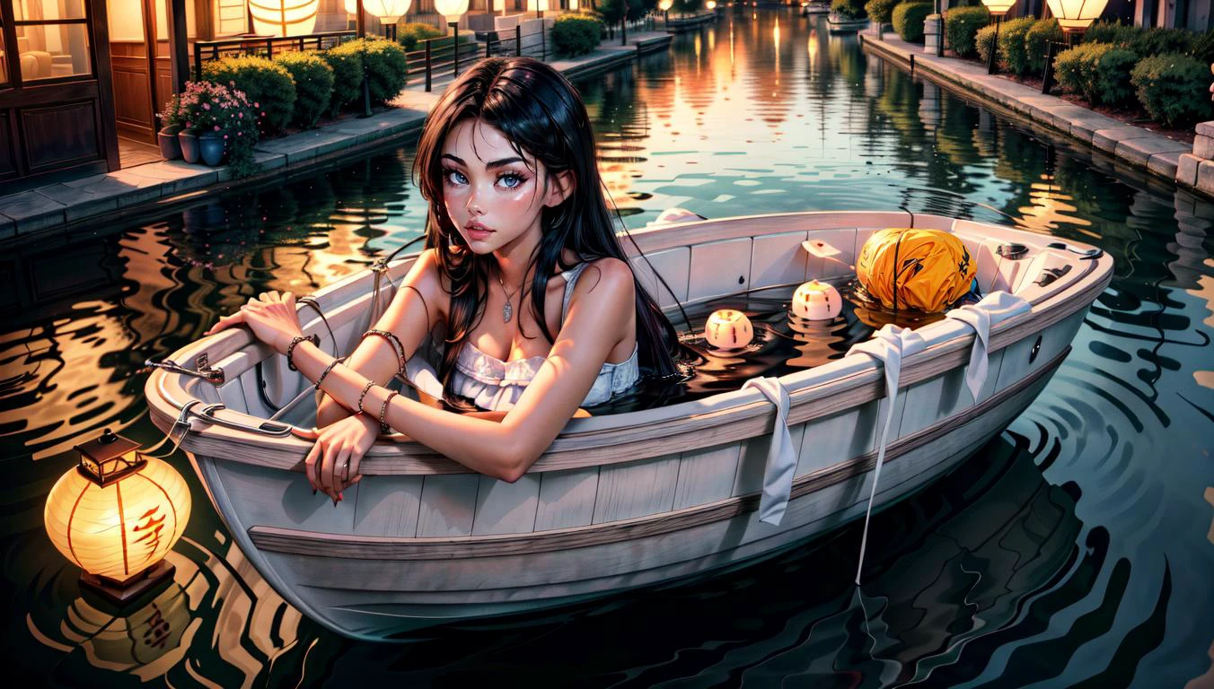 masterpiece, best quality, a romantic and dreamy scene of a beautiful woman in a boat on a tranquil lake, surrounded by floating lanterns<lora:add_detail:0.8> <lora:epiCRealismHelper:1>, raytracing, ambient occlusion, bloom, low-key lighting, dimly lit, hdr <lora:madisonbeer:1> madisonbeer