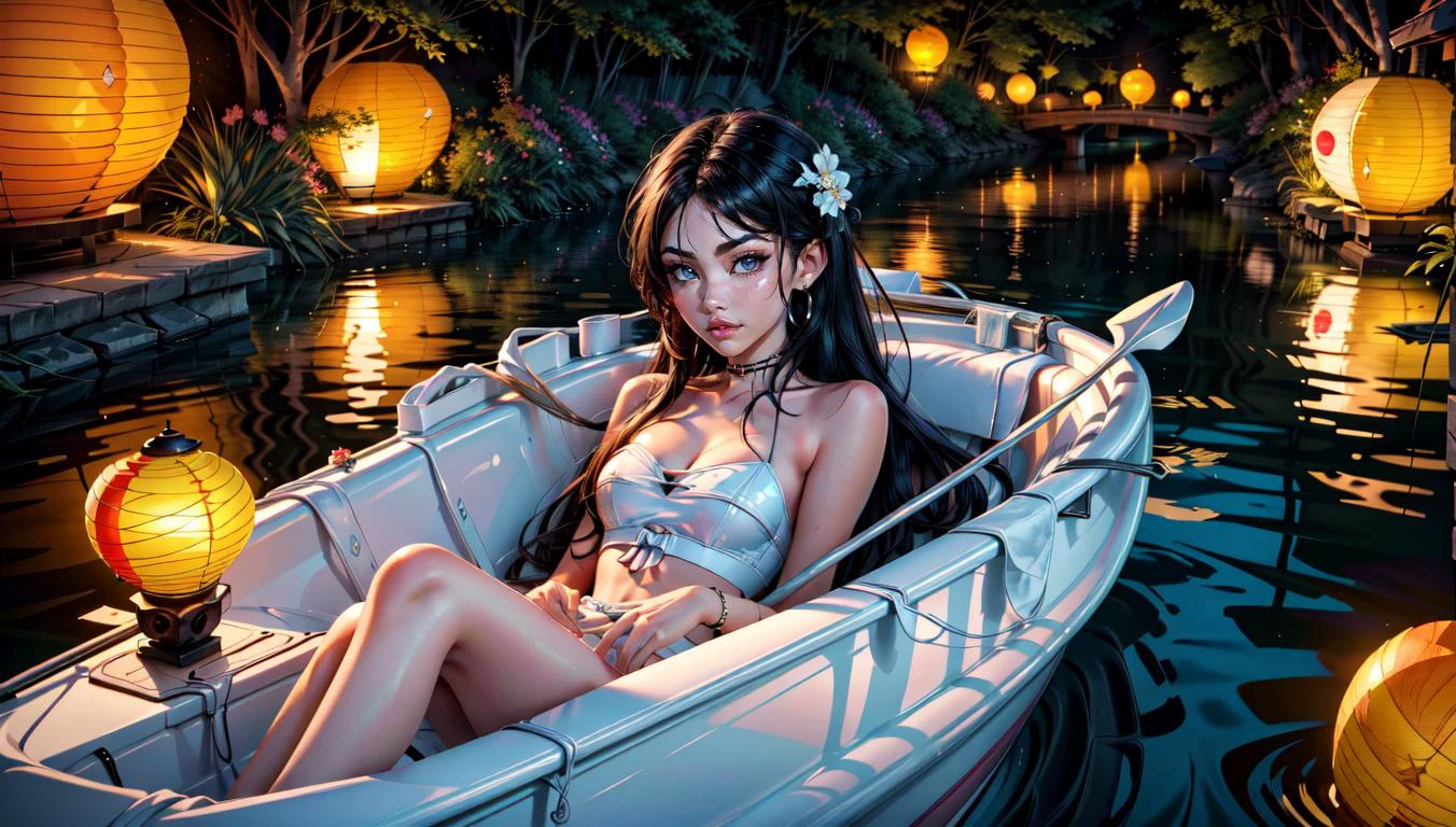 masterpiece, best quality, a romantic and dreamy scene of a beautiful woman in a boat on a tranquil lake, surrounded by floating lanterns<lora:add_detail:0.8> <lora:epiCRealismHelper:1>, raytracing, ambient occlusion, bloom, low-key lighting, dimly lit, hdr <lora:madisonbeer:1> madisonbeer
