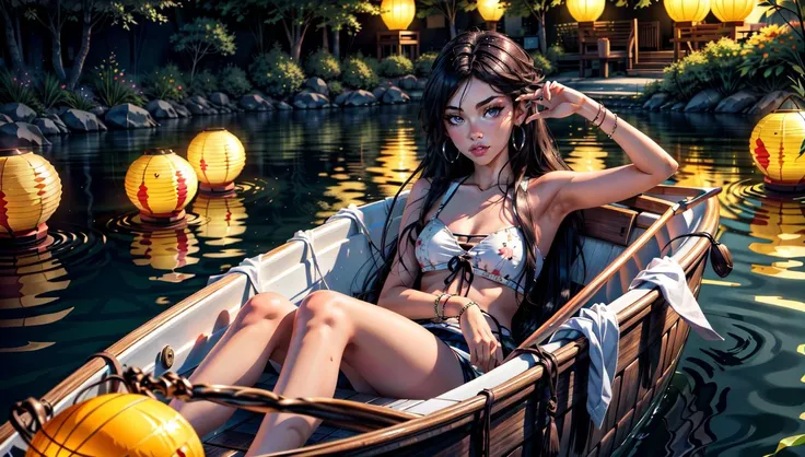 masterpiece, best quality, a romantic and dreamy scene of a beautiful woman in a boat on a tranquil lake, surrounded by floating lanterns<lora:add_detail:0.8> <lora:epiCRealismHelper:1>, raytracing, ambient occlusion, bloom,  low-key lighting, dimly lit,  hdr  <lora:madisonbeer:1> madisonbeer