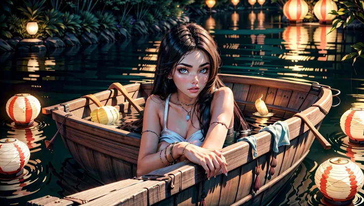 masterpiece, best quality, a romantic and dreamy scene of a beautiful woman in a boat on a tranquil lake, surrounded by floating lanterns<lora:add_detail:0.8> <lora:epiCRealismHelper:1>, raytracing, ambient occlusion, bloom,  low-key lighting, dimly lit,  hdr  <lora:madisonbeer:1> madisonbeer