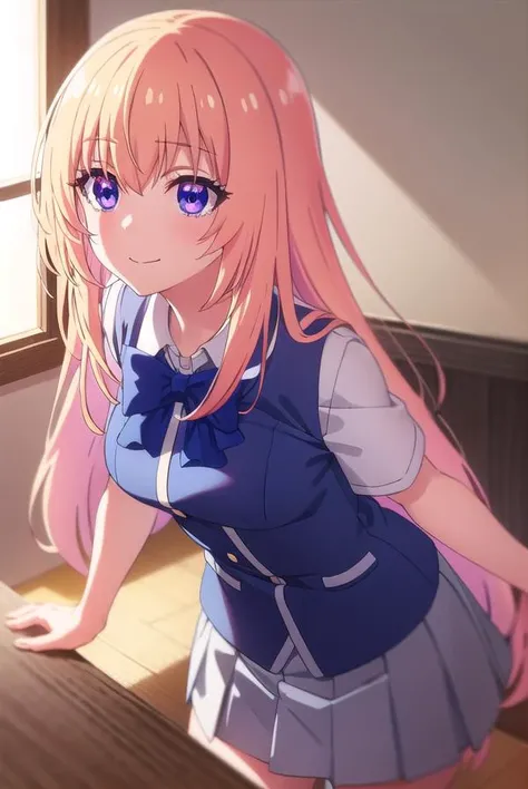 honamiichinose, <lora:honami ichinose s2s3-lora-nochekaiser:1>,
honami ichinose, long hair, blonde hair, (purple eyes:1.1), hair between eyes, smile,
BREAK skirt, bow, school uniform, pleated skirt, bowtie, blue bow, (red skirt:1.2), collared shirt, white shirt, short sleeves,
BREAK indoors, classroom,
BREAK looking at viewer, (cowboy shot:1.5),
BREAK <lyco:GoodHands-beta2:1>, (masterpiece:1.2), best quality, high resolution, unity 8k wallpaper, (illustration:0.8), (beautiful detailed eyes:1.6), extremely detailed face, perfect lighting, extremely detailed CG, (perfect hands, perfect anatomy),
