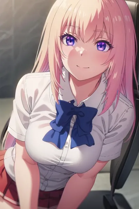 honamiichinose, <lora:honami ichinose s2-lora-nochekaiser:1>,
honami ichinose, long hair, blonde hair, (purple eyes:1.1), hair between eyes, smile,
BREAK skirt, bow, school uniform, pleated skirt, bowtie, blue bow, red skirt, collared shirt, white shirt, short sleeves,
BREAK indoors, classroom,
BREAK looking at viewer, (cowboy shot:1.5),
BREAK <lyco:GoodHands-beta2:1>, (masterpiece:1.2), best quality, high resolution, unity 8k wallpaper, (illustration:0.8), (beautiful detailed eyes:1.6), extremely detailed face, perfect lighting, extremely detailed CG, (perfect hands, perfect anatomy),