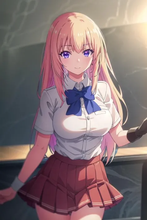 honamiichinose, <lora:honami ichinose s2-lora-nochekaiser:1>,
honami ichinose, long hair, blonde hair, (purple eyes:1.1), hair between eyes, smile,
BREAK skirt, bow, school uniform, pleated skirt, bowtie, blue bow, red skirt, collared shirt, white shirt, short sleeves,
BREAK indoors, classroom,
BREAK looking at viewer, (cowboy shot:1.5),
BREAK <lyco:GoodHands-beta2:1>, (masterpiece:1.2), best quality, high resolution, unity 8k wallpaper, (illustration:0.8), (beautiful detailed eyes:1.6), extremely detailed face, perfect lighting, extremely detailed CG, (perfect hands, perfect anatomy),