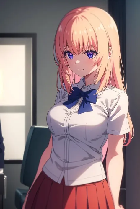 honamiichinose, <lora:honami ichinose s2s3-lora-nochekaiser:1>,
honami ichinose, long hair, blonde hair, (purple eyes:1.1), hair between eyes, smile,
BREAK skirt, bow, school uniform, pleated skirt, bowtie, blue bow, (red skirt:1.2), collared shirt, white shirt, short sleeves,
BREAK indoors, classroom,
BREAK looking at viewer, (cowboy shot:1.5),
BREAK <lyco:GoodHands-beta2:1>, (masterpiece:1.2), best quality, high resolution, unity 8k wallpaper, (illustration:0.8), (beautiful detailed eyes:1.6), extremely detailed face, perfect lighting, extremely detailed CG, (perfect hands, perfect anatomy),
