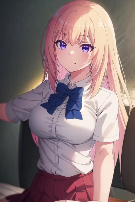 honamiichinose, <lora:honami ichinose s2-lora-nochekaiser:1>,
honami ichinose, long hair, blonde hair, (purple eyes:1.1), hair between eyes, smile,
BREAK skirt, bow, school uniform, pleated skirt, bowtie, blue bow, red skirt, collared shirt, white shirt, short sleeves,
BREAK indoors, classroom,
BREAK looking at viewer, (cowboy shot:1.5),
BREAK <lyco:GoodHands-beta2:1>, (masterpiece:1.2), best quality, high resolution, unity 8k wallpaper, (illustration:0.8), (beautiful detailed eyes:1.6), extremely detailed face, perfect lighting, extremely detailed CG, (perfect hands, perfect anatomy),