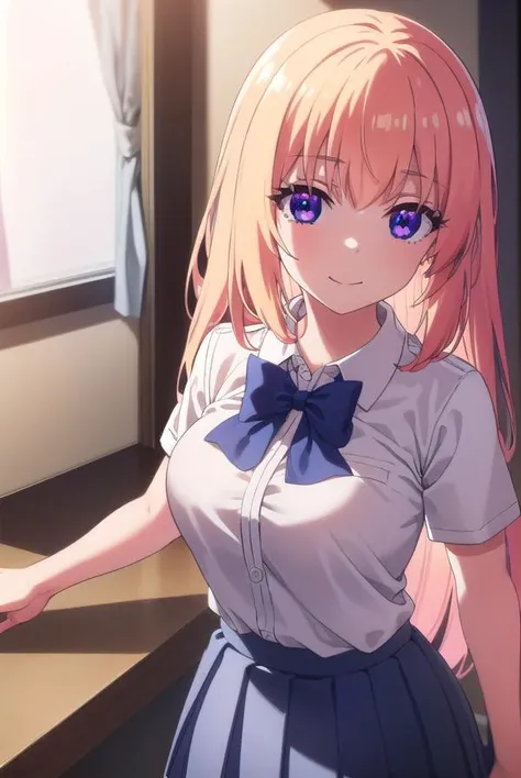 honamiichinose, <lora:honami ichinose s2s3-lora-nochekaiser:1>,
honami ichinose, long hair, blonde hair, (purple eyes:1.1), hair between eyes, smile,
BREAK skirt, bow, school uniform, pleated skirt, bowtie, blue bow, (red skirt:1.2), collared shirt, white shirt, short sleeves,
BREAK indoors, classroom,
BREAK looking at viewer, (cowboy shot:1.5),
BREAK <lyco:GoodHands-beta2:1>, (masterpiece:1.2), best quality, high resolution, unity 8k wallpaper, (illustration:0.8), (beautiful detailed eyes:1.6), extremely detailed face, perfect lighting, extremely detailed CG, (perfect hands, perfect anatomy),