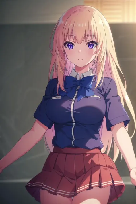 honamiichinose, <lora:honami ichinose s2-lora-nochekaiser:1>,
honami ichinose, long hair, blonde hair, (purple eyes:1.1), hair between eyes, smile,
BREAK skirt, bow, school uniform, pleated skirt, bowtie, blue bow, red skirt, collared shirt, white shirt, short sleeves,
BREAK indoors, classroom,
BREAK looking at viewer, (cowboy shot:1.5),
BREAK <lyco:GoodHands-beta2:1>, (masterpiece:1.2), best quality, high resolution, unity 8k wallpaper, (illustration:0.8), (beautiful detailed eyes:1.6), extremely detailed face, perfect lighting, extremely detailed CG, (perfect hands, perfect anatomy),