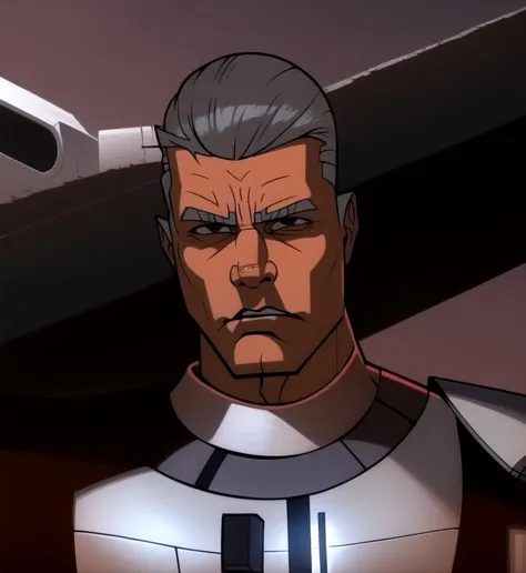 masterpiece, best quality,tcw2003 style,angry,1boy,gray hair,scars,armor, simple background, solo, upper body,<lora:tcw2003lora:0.8>