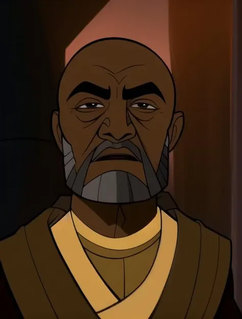 masterpiece, best quality,tcw2003 style,old man, bald, dark skinned,beard, robes, simple background, solo, upper body,<lora:tcw2003lora:0.8>