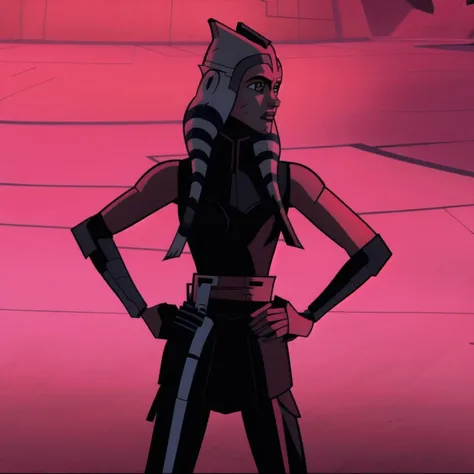 masterpiece, ahsokatano, best quality, tcw2003 style,1girl, scars, simple background, solo, hands on hips <lora:tcw2003lora:1> <lora:ahsokatano:0.6>