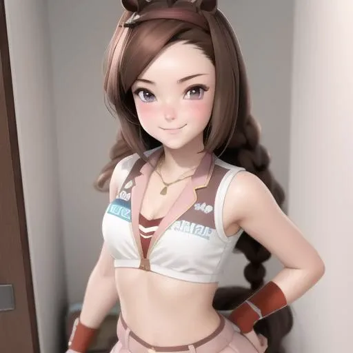 <lora:bakushin-04:1>, skrbakshin, 1girl, bare arms, sweat, blushing, smug, grin, brown hair, short skirt, <lora:3DMM_V12:1>