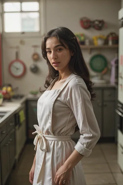 tv_Kama_Oxi_PS_V1, , standing in a kitchen, pin-up pose, wearing a dress, wearing a white apron, ((Photo Focus, DOF, Aperture, insanely detailed and intricate, character, hypermaximalist, elegant, ornate, beautiful, exotic,  appealing, attractive, (amative:1.1), hyper realistic,( super detailed:1.1)), wrinkles:0.2, pores:0.2, <lora:epiNoiseoffset_v2Pynoise:1> Masterpiece, Best Quality, ultrarealistic photography, real life, colorful, amazing, perfect lighting, bright colors, dramatic, dynamic, cinematic lighting, hyperrealism, intricate details, epic, realism, <lora:LCM_LoRA_Weights_SD15:1>   <lora:detail_slider_v4:1>