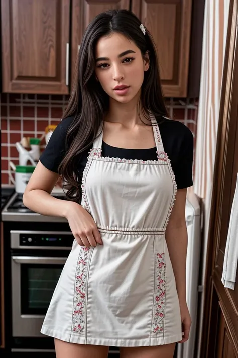 tv_Kama_Oxi_PS_V1, , standing in a kitchen, pin-up pose, wearing a dress, wearing a white apron, ((Photo Focus, DOF, Aperture, insanely detailed and intricate, character, hypermaximalist, elegant, ornate, beautiful, exotic, appealing, attractive, (amative:1.1), hyper realistic,( super detailed:1.1)), wrinkles:0.2, pores:0.2, <lora:epiNoiseoffset_v2Pynoise:1> Masterpiece, Best Quality, ultrarealistic photography, real life, colorful, amazing, perfect lighting, bright colors, dramatic, dynamic, cinematic lighting, hyperrealism, intricate details, epic, realism, <lora:LCM_LoRA_Weights_SD15:1> <lora:detail_slider_v4:1>