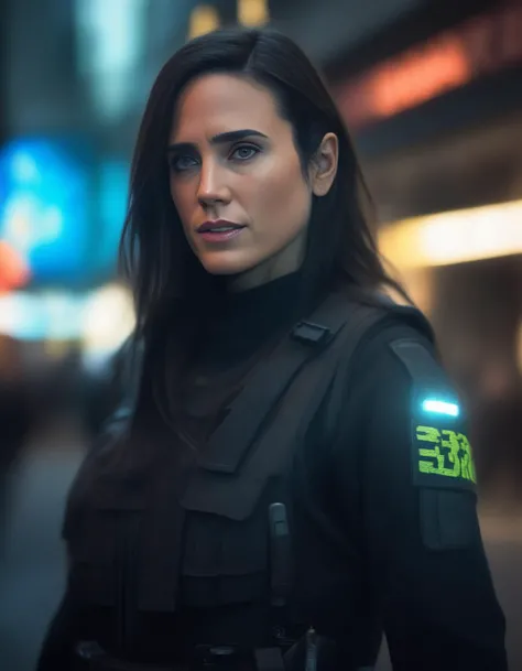 JenniferConnelly,<lora:JenniferConnellySDXL:1> (8k, RAW photo, best quality, masterpiece:1.2), (realistic, photo-realistic:1.37), ultra highres, depth of field, chromatic aberration, caustics, Broad lighting, natural shading,Fujifilm XT3,ultra detailed,cyberpunk uniform,1girl, solo,standing, looking at viewer, outdoors,street