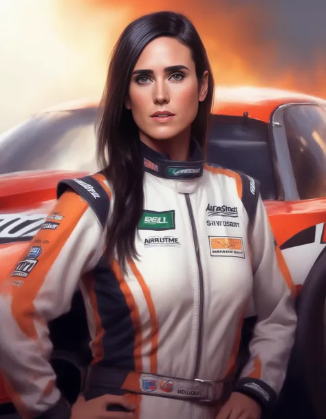 KourtneyKardashian,<lora:KourtneyKardashianSDXL:.7> perfect anime illustration, 1girl, braided hair, medium hair, medium breasts, sidehair, racecar driver, ((firesuit, race track, car)), nascar, f1, indycar, (outdoors, speedway, track), standing next to a racing vehicle, hand on hip, good posture, looking at viewer. created by Artgerm, volumetric lighting, 8k, hdr, holga, 300mm lens f3. 5, aesthetic, unsharpened