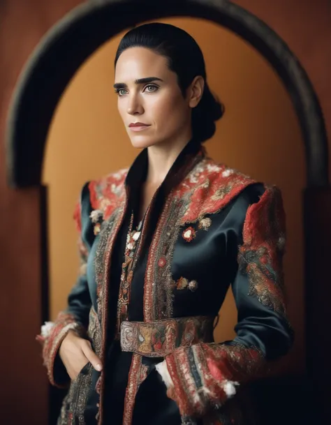 JenniferConnelly, photograph, Secret Burundian Female, wearing Albanian Mexican charro suit, inside a Satin Portal, deep focus, natural lighting, film grain, Sony A9 II, Depth of field 270mm, <lora:JenniferConnellySDXL:1>