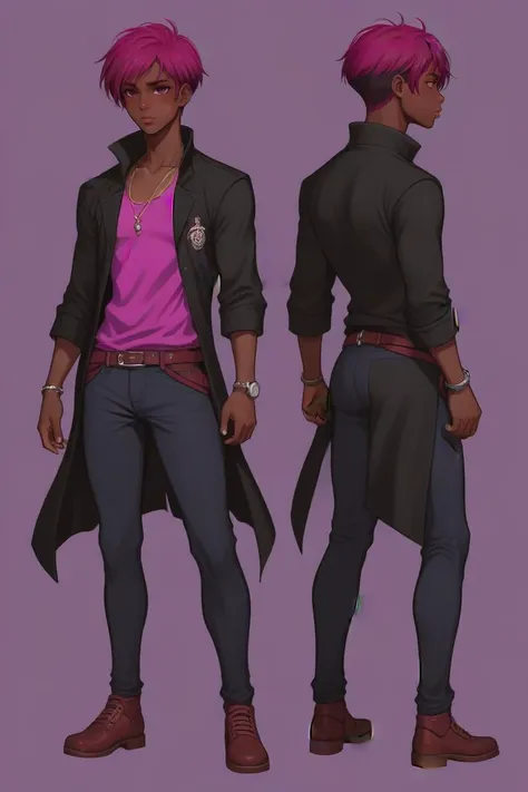 anime style, full body, character concept art, (full body:1.2), 1boy, man, handsome, solo, [:outlandish costume design,:0.2] artificer, (african, dark skin:0.6), deep fuchsia hair, (slim:1) build,<lora:EnvyStarlightBeauty08:1>