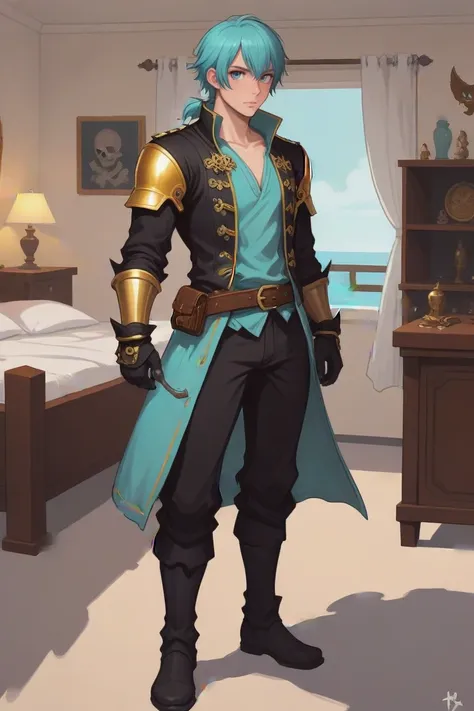 anime style, full body, character concept art, (full body:1.2), 1boy, man, solo, [:creative costume design,:0.2] pirate, (runed gold gauntlets,armor,bracers,helmet:1), caucasian, aquamarine hair, (slim:1) build, Private Apartments \(room\) <lora:EnvyStarlightBeauty08:1>