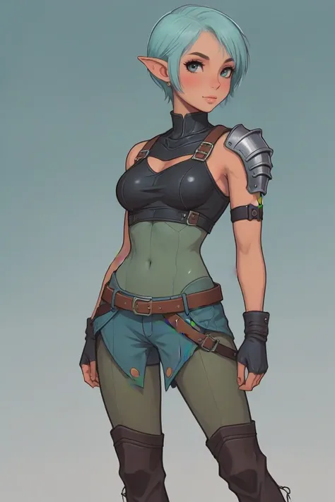 anime style, full body, character concept art, 1girl, woman, grinning elf post apocalyptic celtic ranger, (muscular:1.3), sexy leather armor, (tattoos:1.4), platinum hair, Buzz Cut, leaning back, bombshell hair, aqua hair, antenna hair, muscular hips, muscular legs, wide hips, narrow waist, abs, medium breasts, (dark skin:1.3),<lora:EnvyStarlightBeauty08:1>